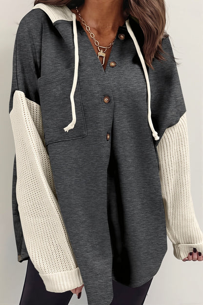 Ribbed Sleeve Patchwork Button Hoodie