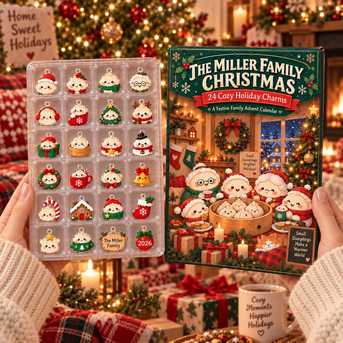 Personalized Dumpling Family Christmas Advent Calendar 2026, 24 Cozy Holiday Charms Set, Custom Family Name Blind Box Countdown Gift For Kid