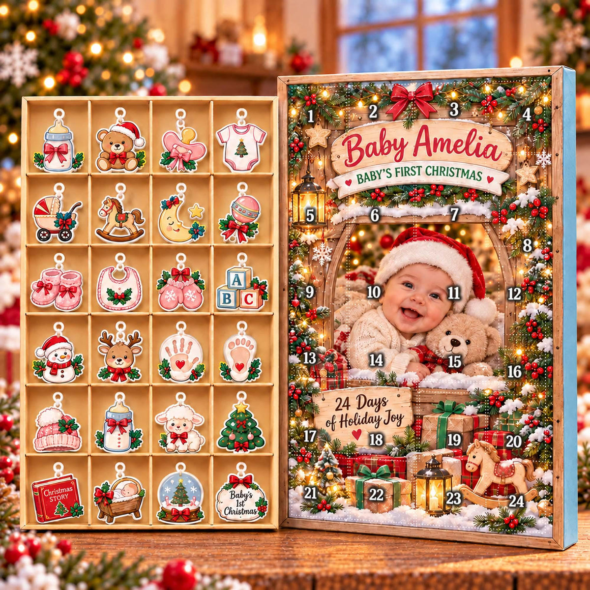 Personalized Baby Photo First Christmas Advent Calendar 2026,Custom Baby Name Blind Box, 24 Day Baby 1st Christmas Countdown Ornament Set