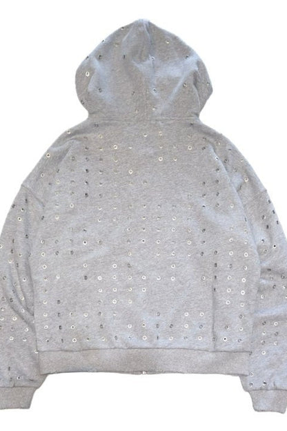 Eyelet Rhinestone Zip-Up Hoodie