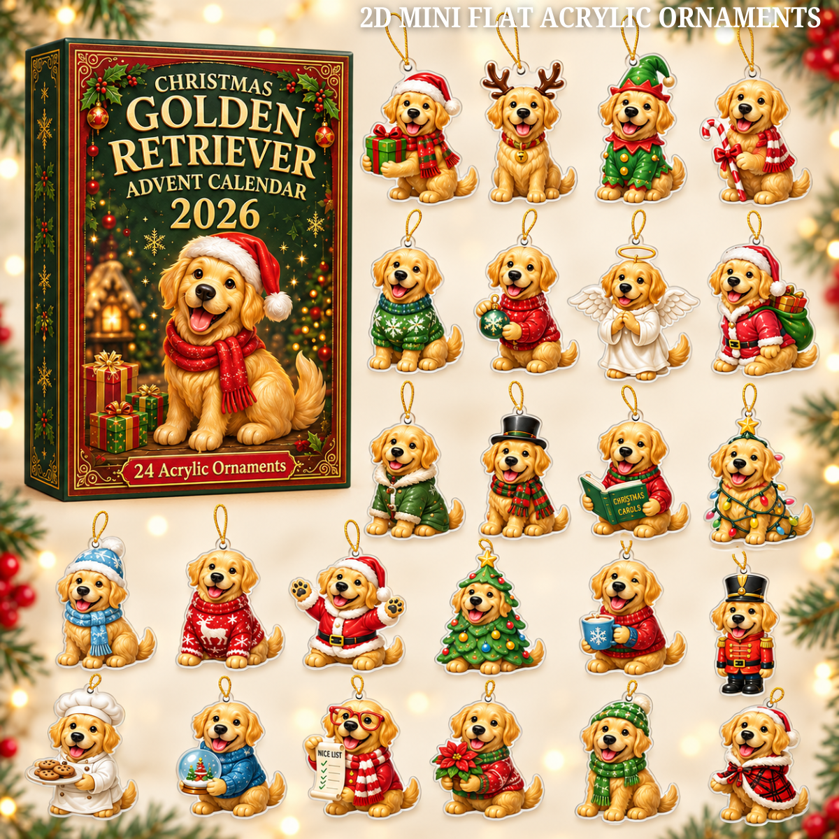 Xmas Golden Retriever Cosplay Advent Calendar 2026 - 24-Day Festive Countdown, Acrylic Charms Blind Box - Gift For Golden Retriever Lovers