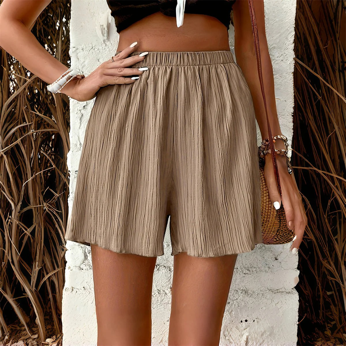 Beige Plisse High-Waist Flowy Summer Shorts