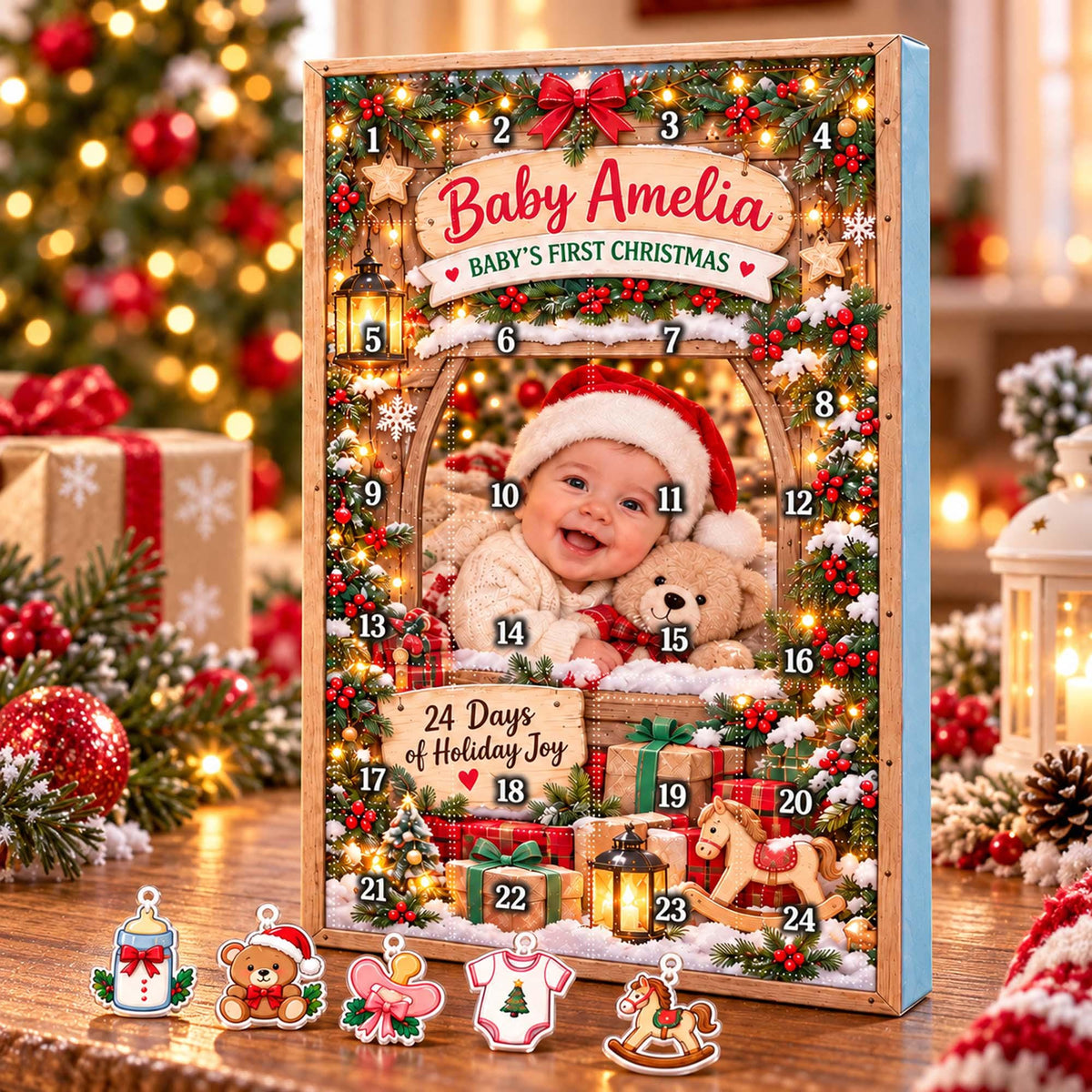 Personalized Baby Photo First Christmas Advent Calendar 2026,Custom Baby Name Blind Box, 24 Day Baby 1st Christmas Countdown Ornament Set