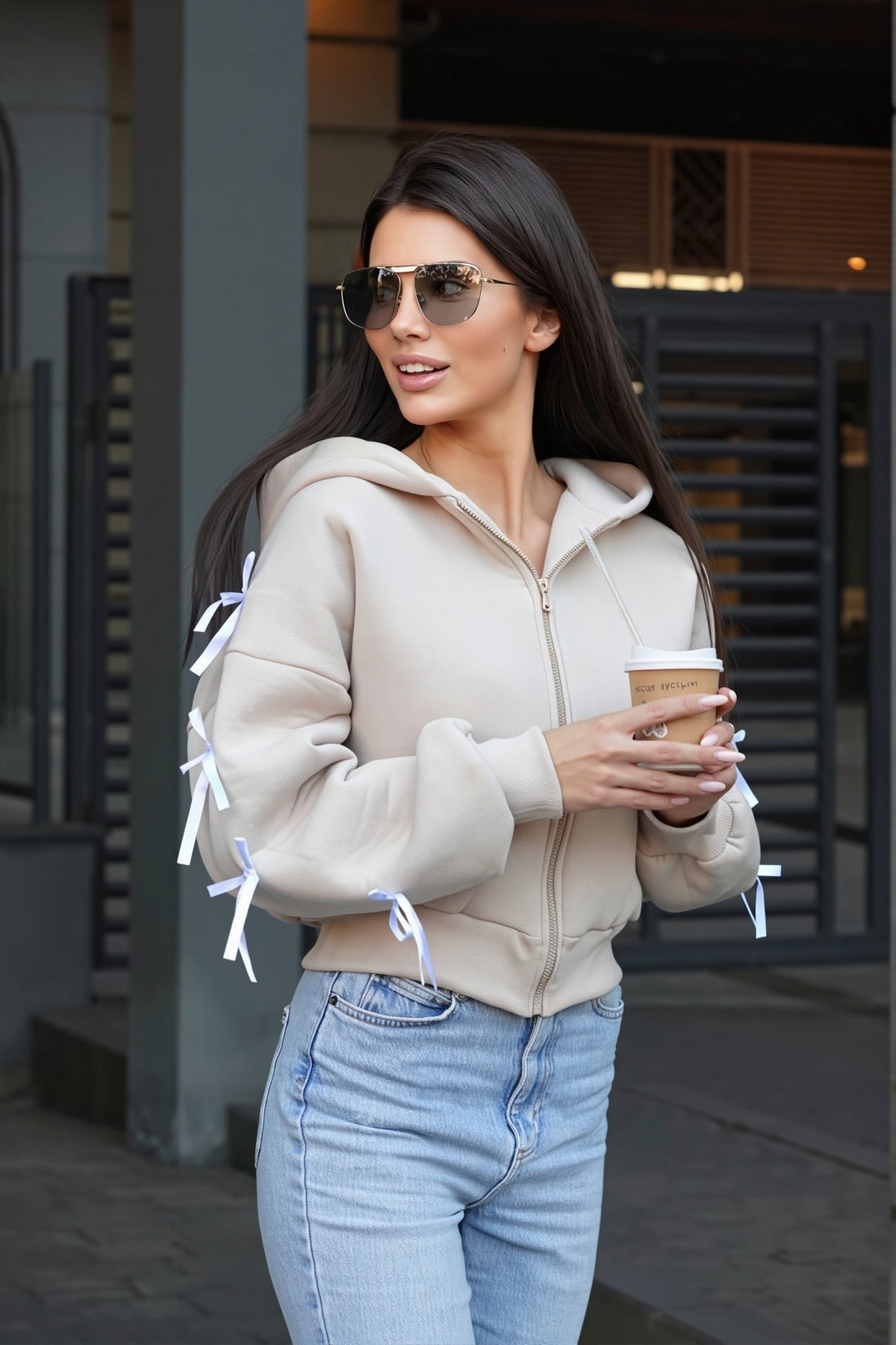 Bow Lace Up Sleeve Pullover Hoodie
