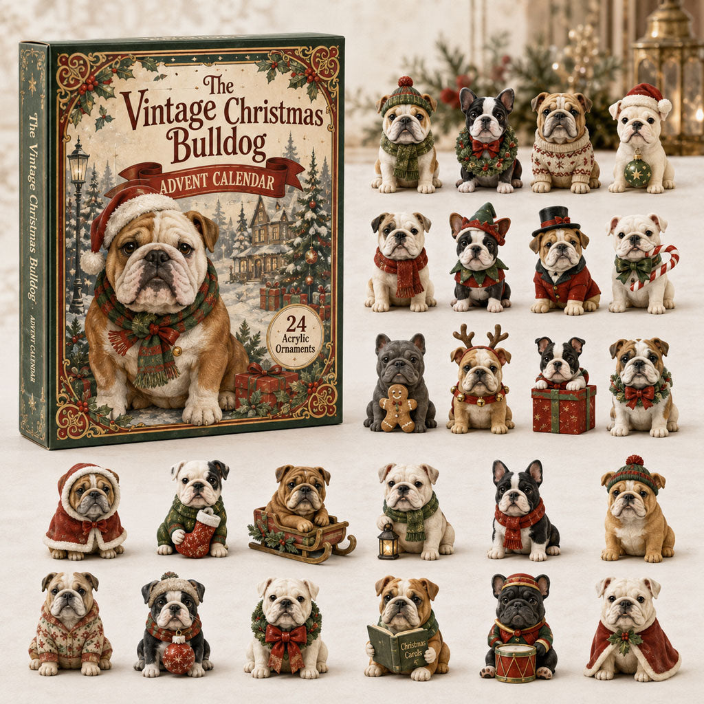 The Vintage Christmas Bulldog Advent Calendar 2026 - 24-Day Festive Countdown, Acrylic Charms Blind Box - Gift For Bulldog Lovers
