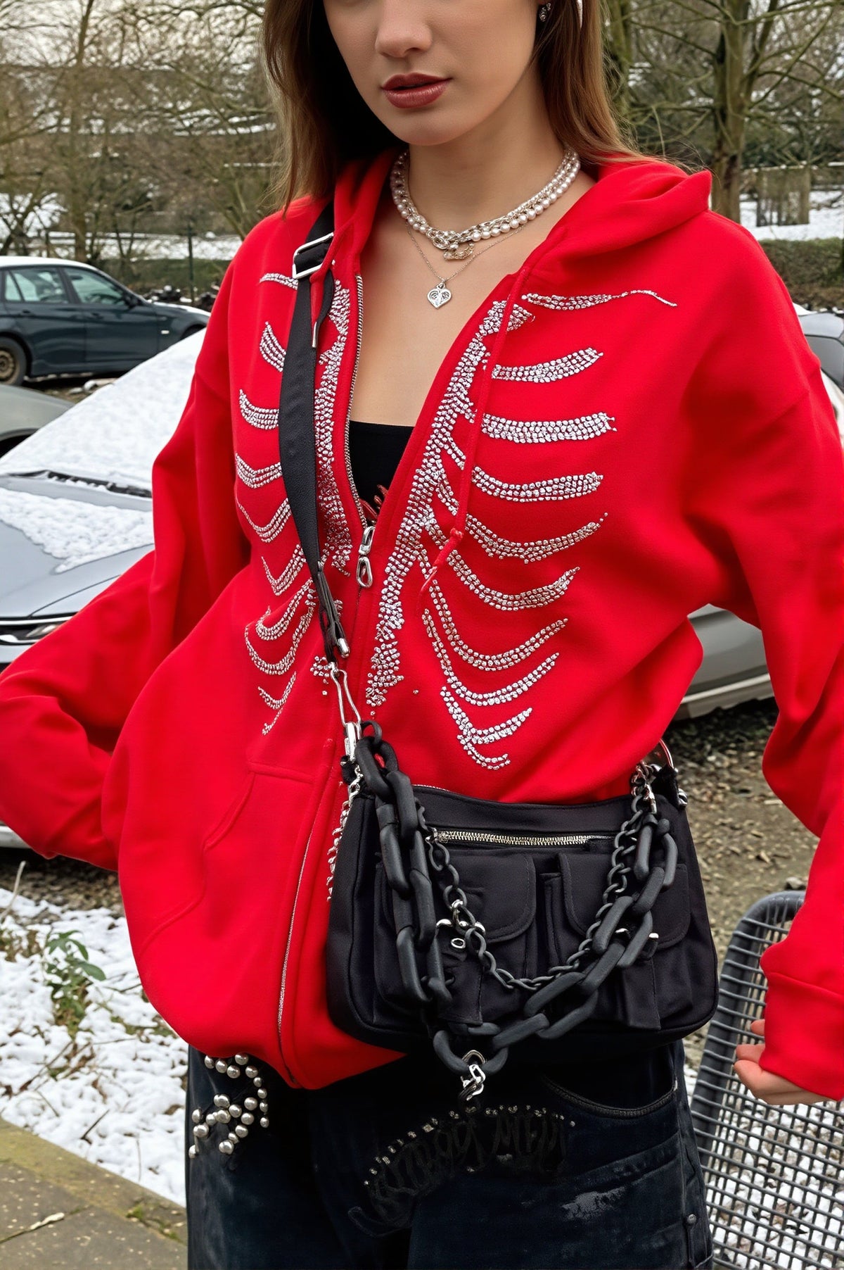 Rhinestone Ribcage Zip Hoodie