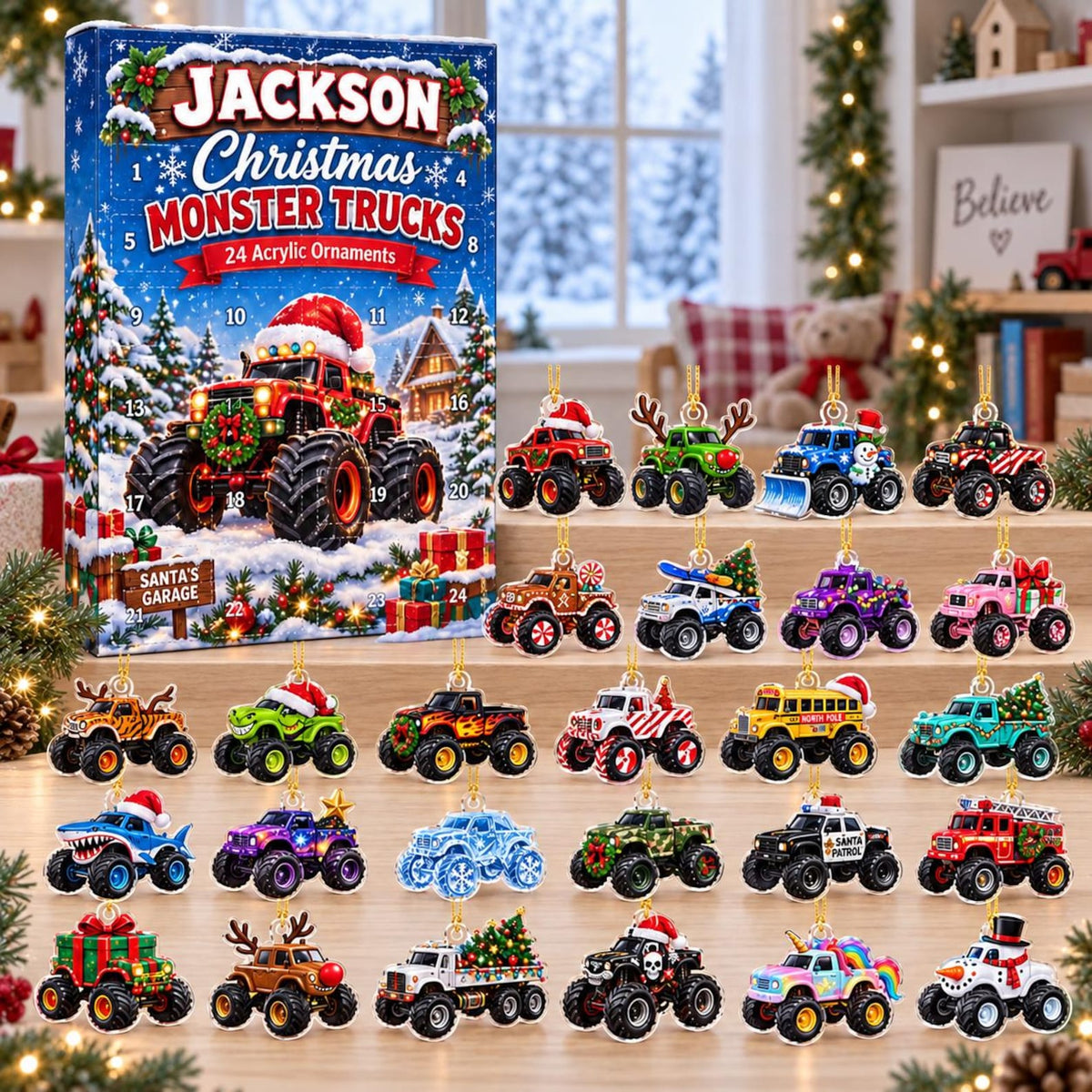 Personalized Monster Truck 2D Advent Calendar 2026, Custom Name Christmas Countdown, Kids Christmas Gift for Boys, Sons, Grandsons & Truck Fans