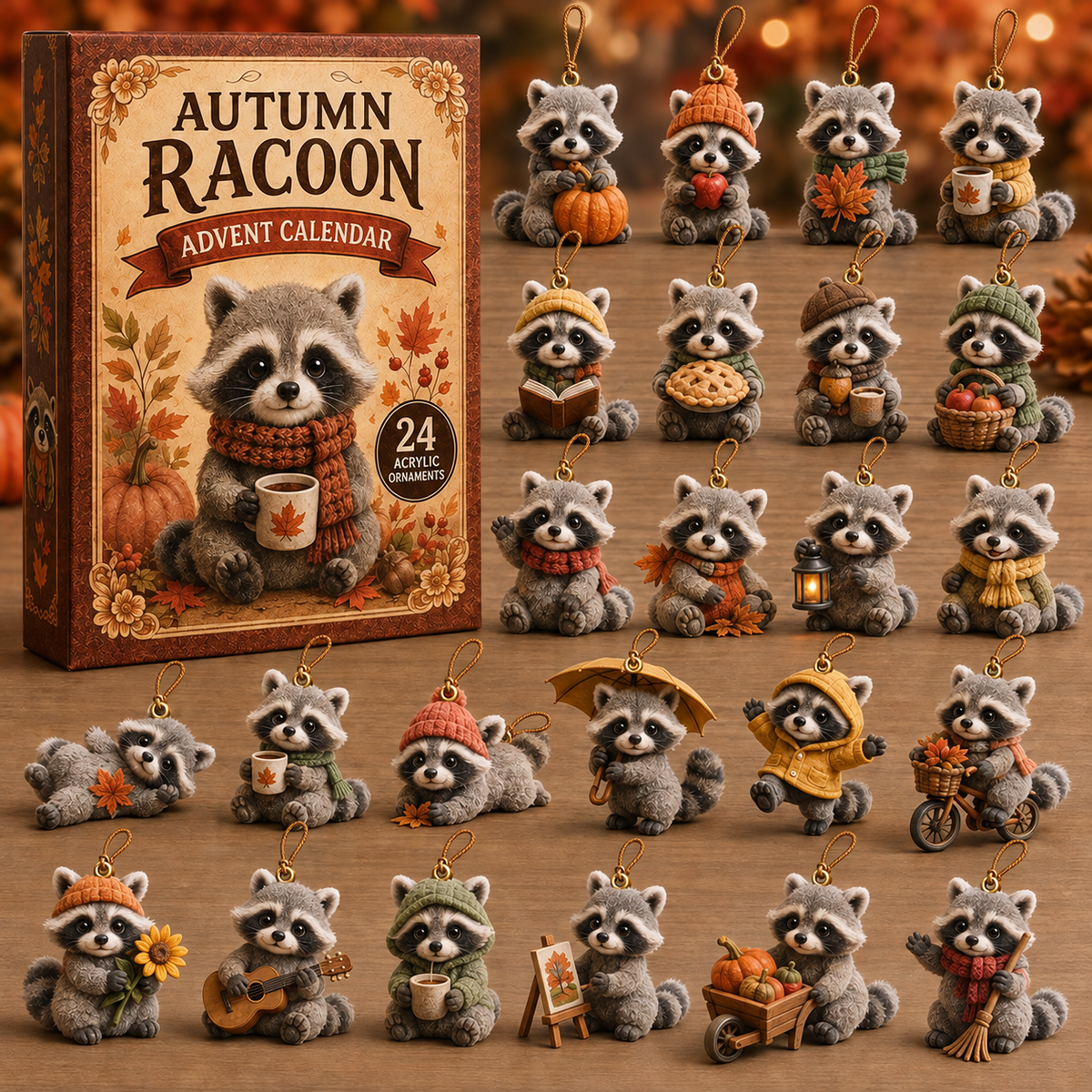 Autumn Raccoon Life Advent Calendar 2026 - 24-Day Festive Countdown, Acrylic Charms Blind Box - Gift For Raccoon Lovers