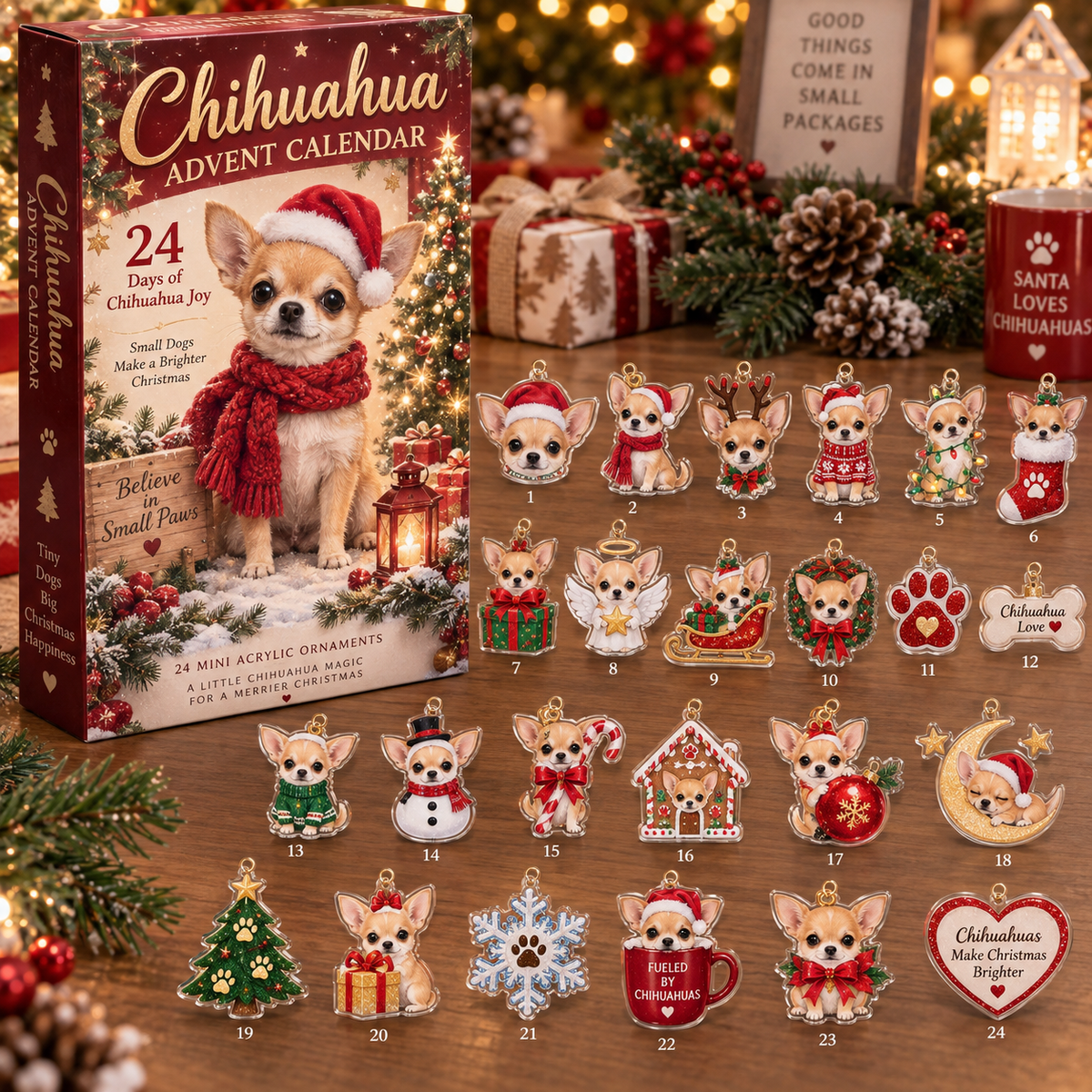 Chihuahua Advent Calendar – 24 Days Of Mini Acrylic Dog Ornaments, Christmas Countdown Calendar For Chihuahua Lovers, Cute Pet Holiday Gift & Christmas Tree Decor
