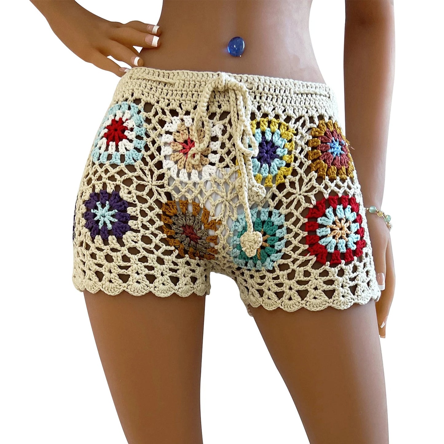 Beige Granny Square Crochet Summer Beach Shorts