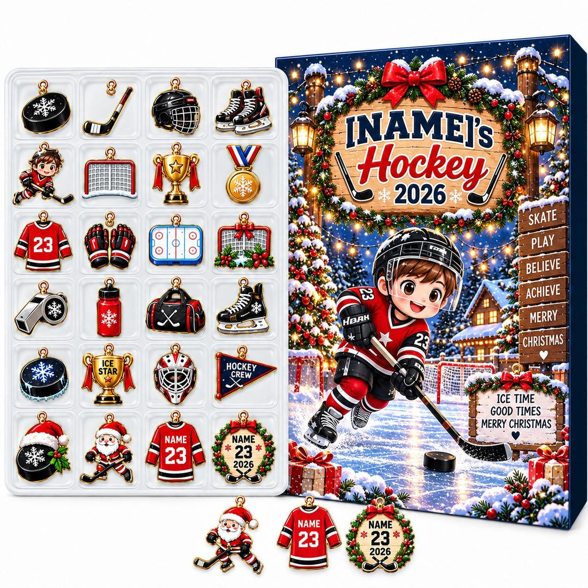 Personalized Hockey Advent Calendar 2026, Kids 24 Days Holiday Countdown Box (2026)