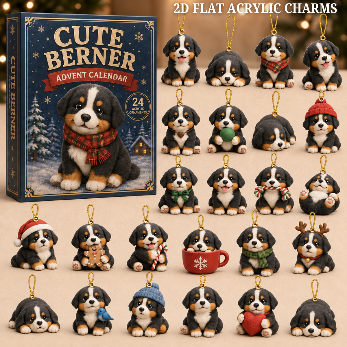 Cute Berner Winter Advent Calendar 2026 - 24-Day Festive Countdown, Acrylic Charms Blind Box - Gift For Bernese Lovers
