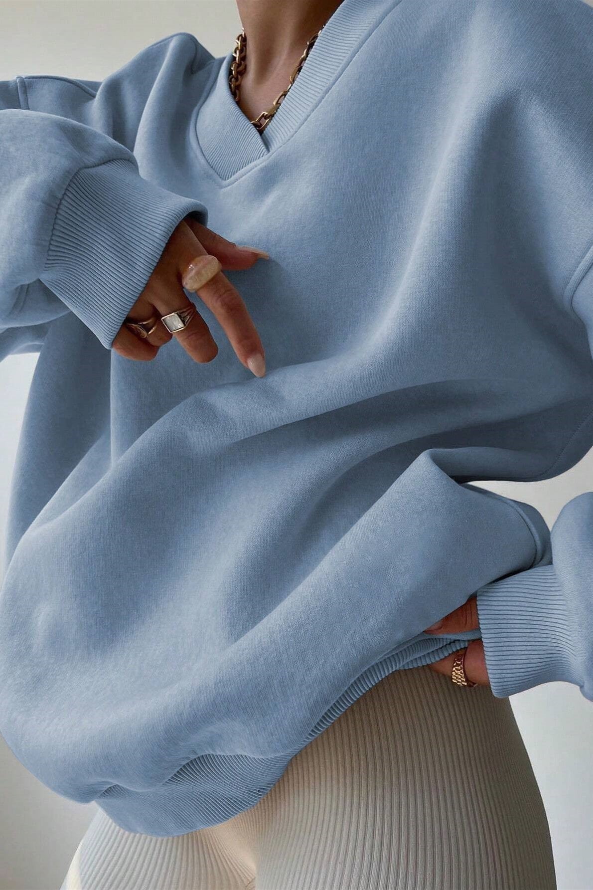 Solid Oversized V Neck Sweatshirt