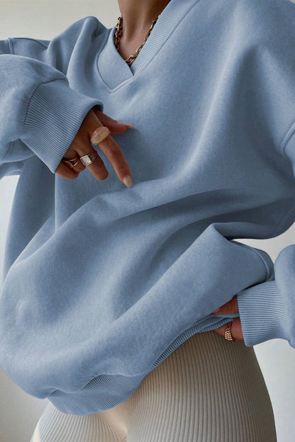 Solid Oversized V Neck Sweatshirt