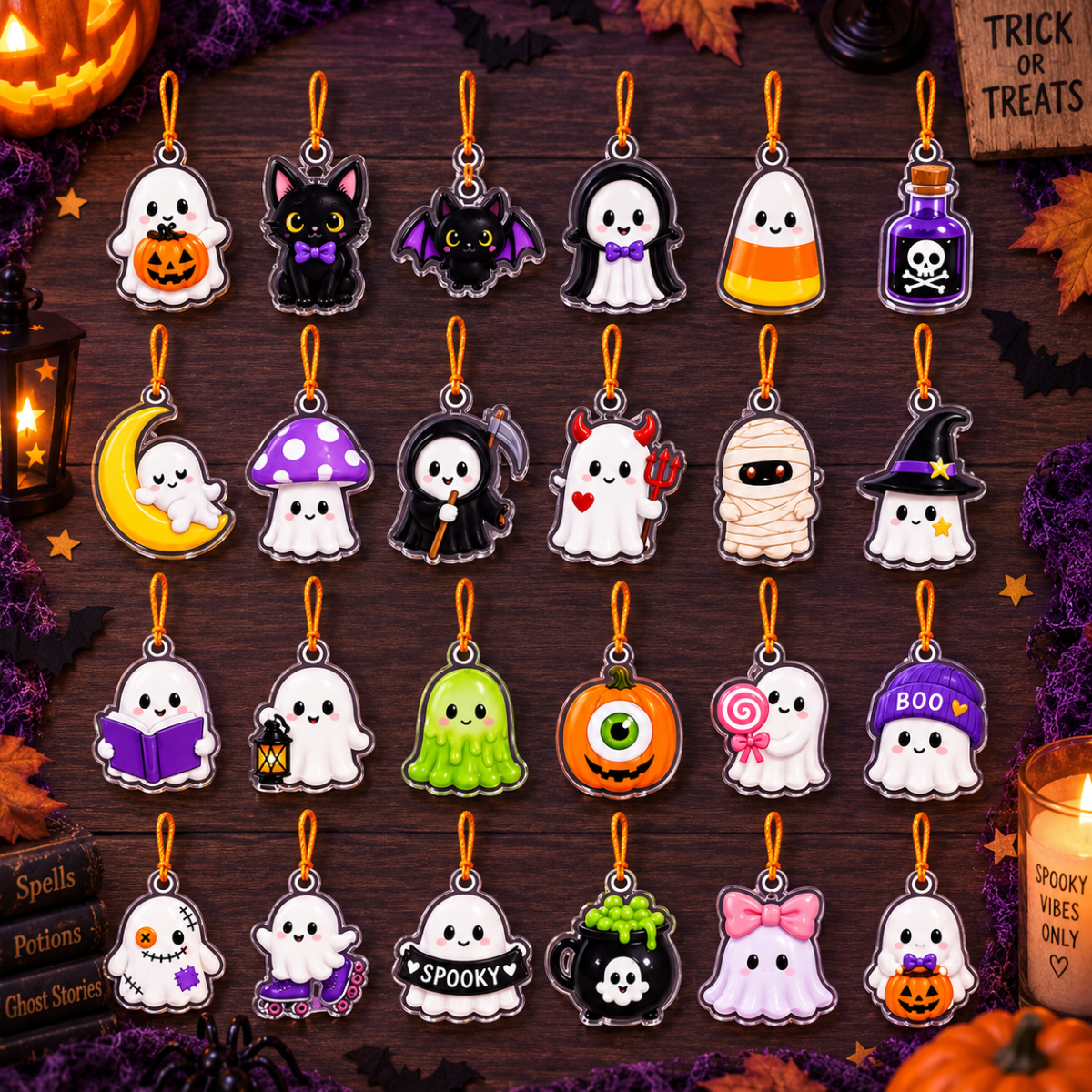 Halloween Advent Calendar with Flat Acrylic Charms – Spooky Ghost & Black Cat Countdown Box, Cute 24-Day Halloween Surprise Gift for Kids & Halloween Lovers