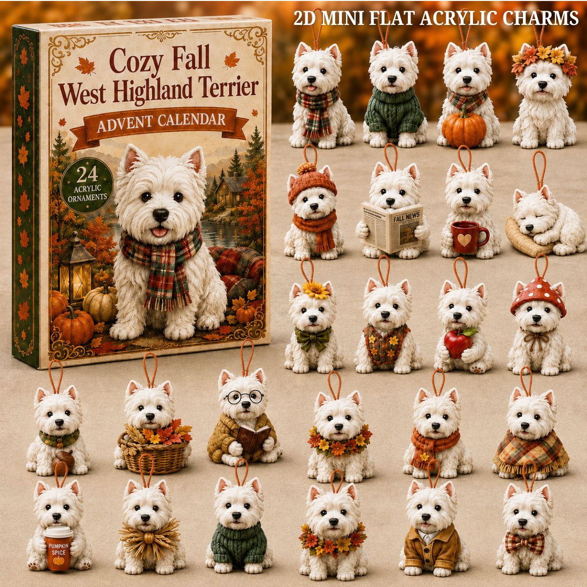 Cozy Fall West Highland Terrier Advent Calendar 2026 - 24-Day Festive Countdown, Acrylic Charms Blind Box - Gift For West Highland Terrier Lovers