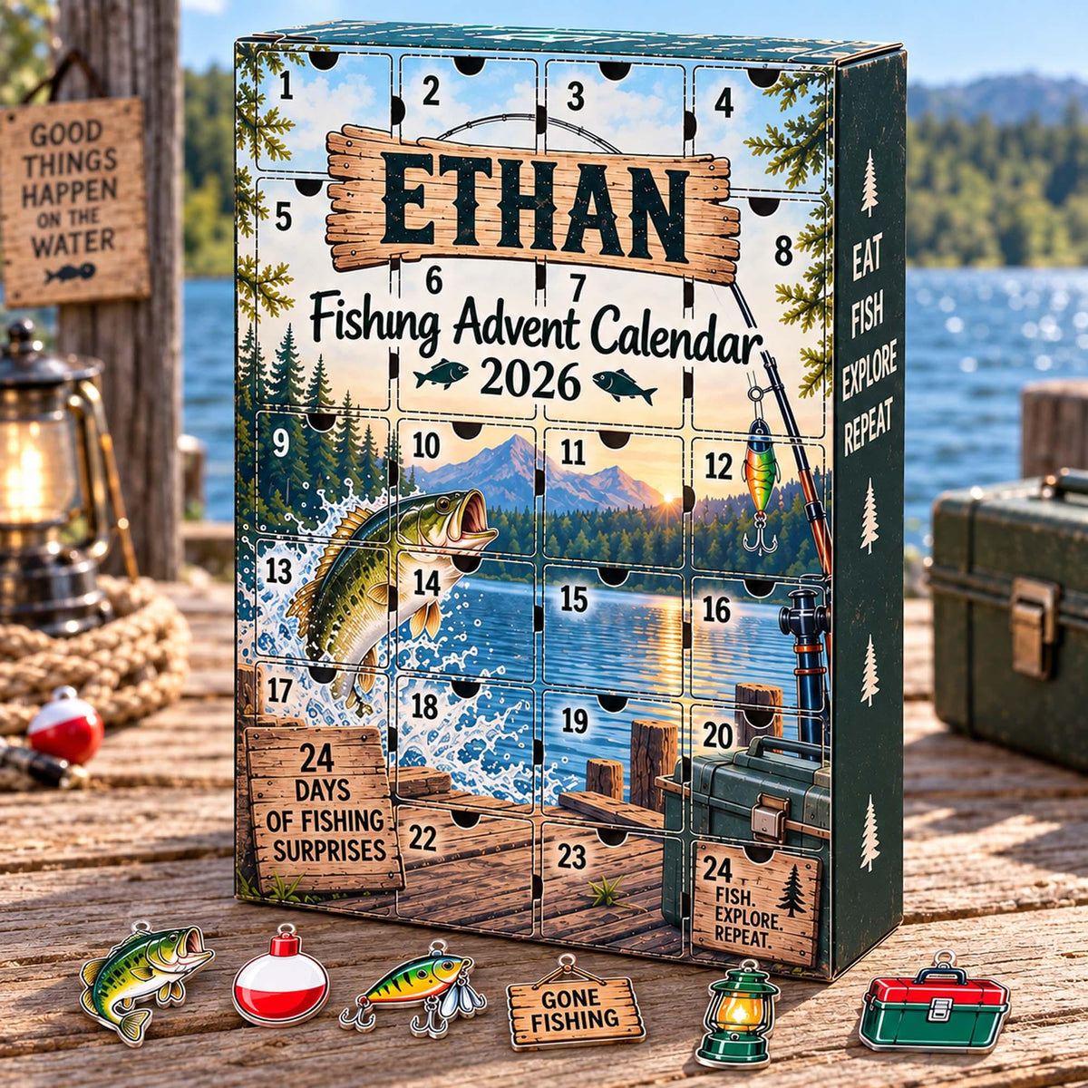 Personalized Fishing Advent Calendar 2026, Custom Fishing Blind Box, 24 Day Christmas Countdown with Fishing Tokens, Xmas Countdown Gifts