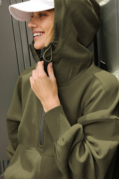 Solid Sporty Half Zip Hoodie