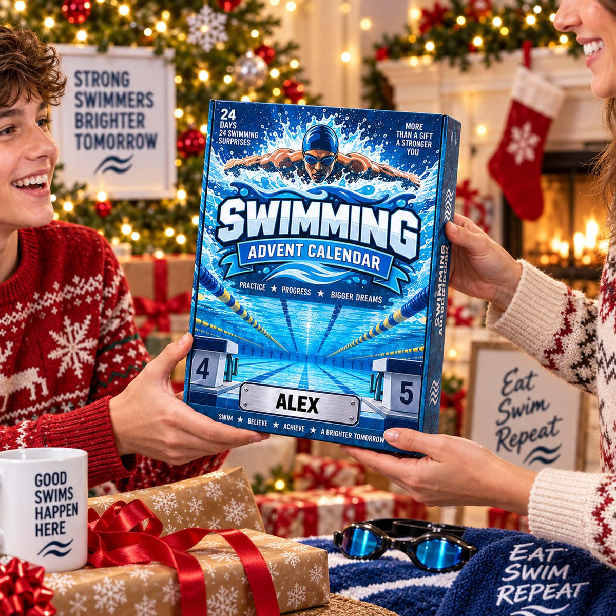 Personalized Swimming Advent Calendar 2026, Custom Swimming Blind Box, 24 Day Christmas Countdown with Swimming Tokens, Xmas Countdown Decor