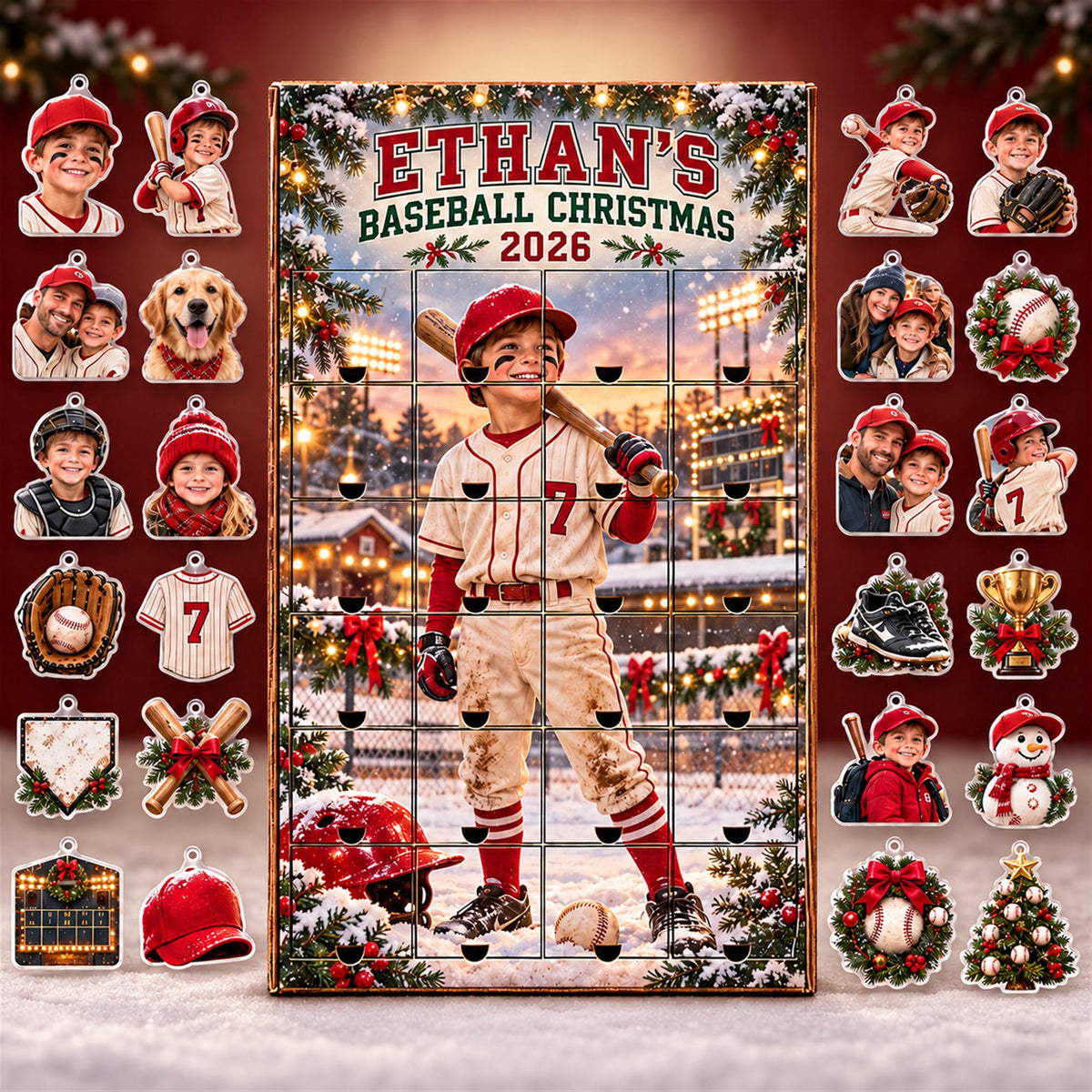 Personalized Baseball Advent Calendar with 24 Custom Photo Acrylic Ornaments, Player Number Christmas Gift for Baseball Family and Coach