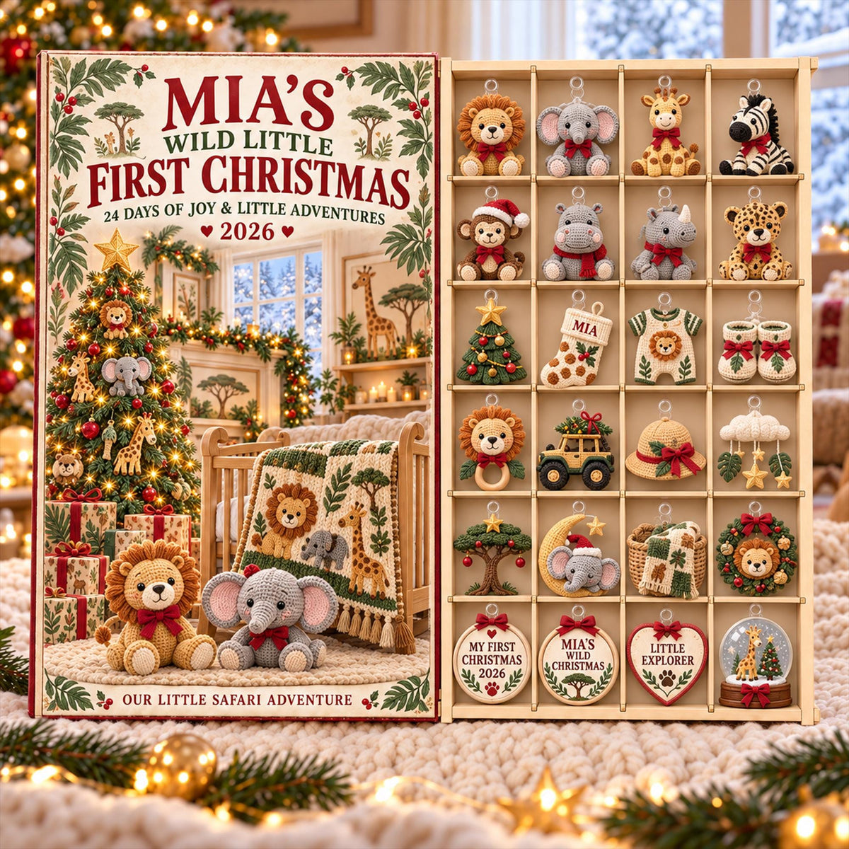 Personalized Baby First Christmas Advent Calendar 2026,Safari Animal Christmas Countdown, 24 Day Baby Ornament Set,Custom Name Keepsake Gift