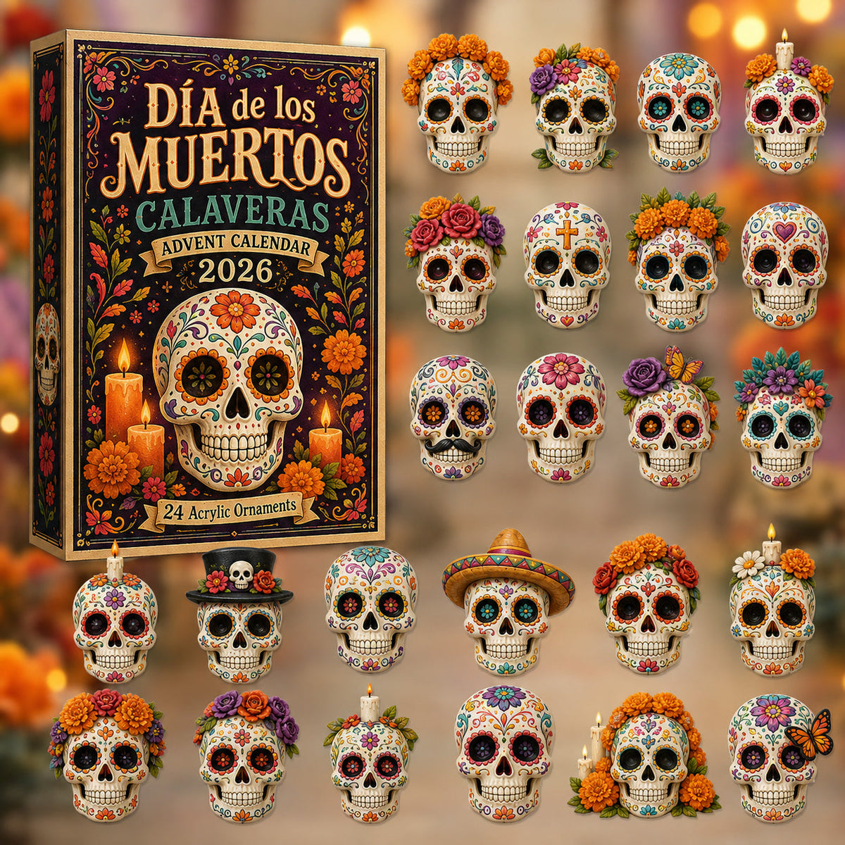 Dia de los Muertos Calaveras Advent Calendar 2026 - 24-Day Festive Countdown, Acrylic Charms Blind Box - Gift For Family & Friends
