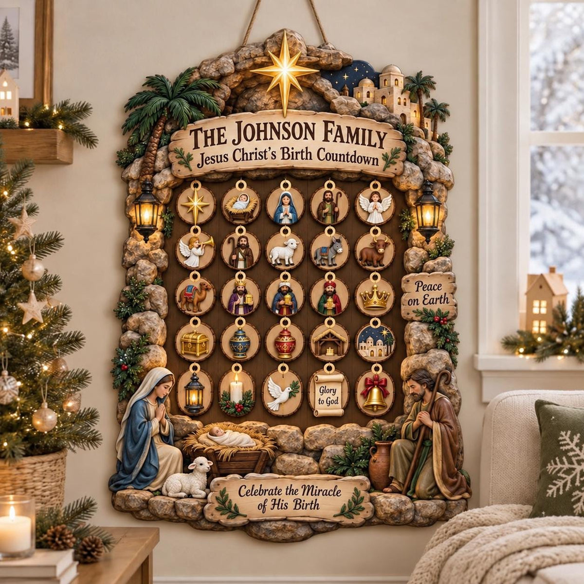 Personalized Nativity Advent Calendar: Custom Wood Christmas Countdown Sign with Hanging Ornaments