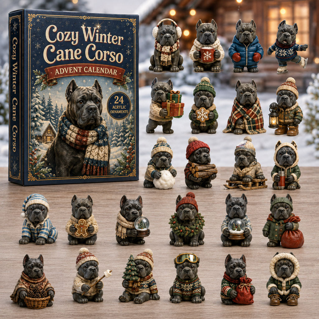 Cozy Winter Cane Corso Advent Calendar 2026 - 24-Day Festive Countdown, Acrylic Charms Blind Box - Gift For Cane Corso Lovers
