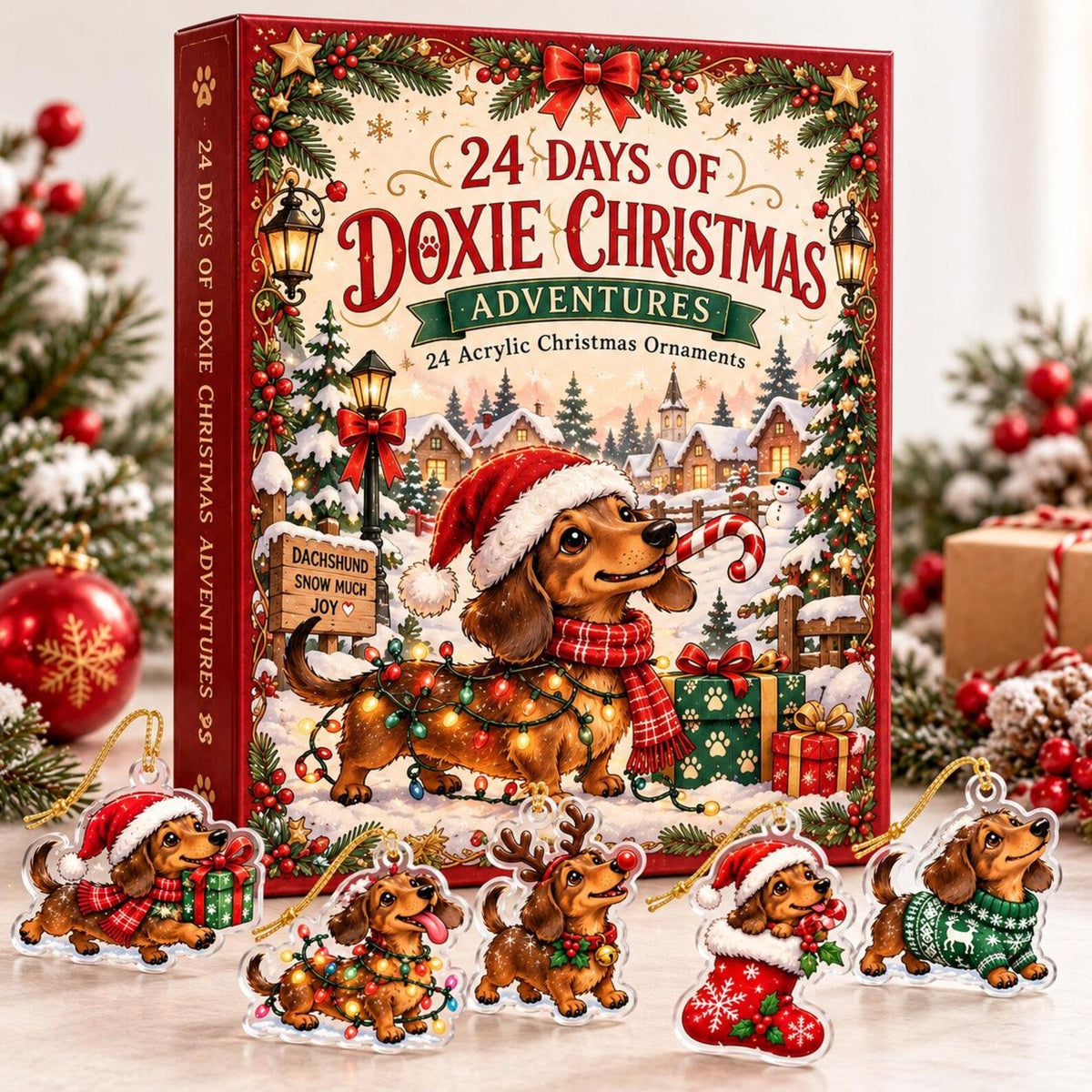 Dachshund Christmas Advent Calendar, 24 Acrylic Ornaments, 2026 Holiday Countdown
