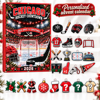 Personalized Hockey Advent Calendar, Custom Christmas Countdown Box, Hockey Gift with Photo Charms, Family Christmas Gift