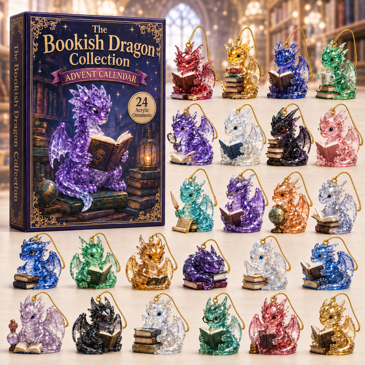 Bookish Dragon Advent Calendar 2026 - 24-Day Festive Countdown, Acrylic Charms Blind Box - Gift For Dragon Lovers