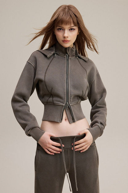 Cropped Waist Zip Up Hoodie