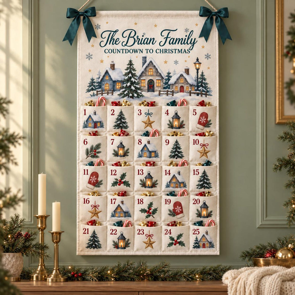Personalized Christmas Advent Calendar, Winter Village Canvas Wall Hanging with 25 Pockets, Reusable Family Name Countdown and Holiday Decor