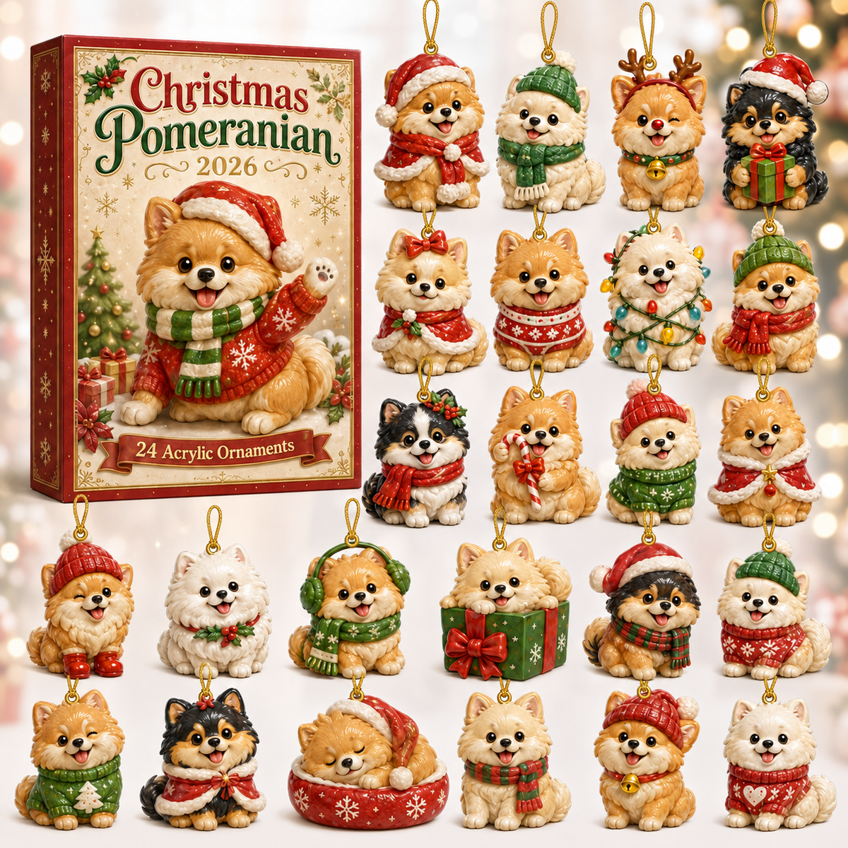 Christmas Pomeranian Advent Calendar 2026 - 24-Day Festive Countdown, Acrylic Charms Blind Box - Gift For Pomeranian Lovers