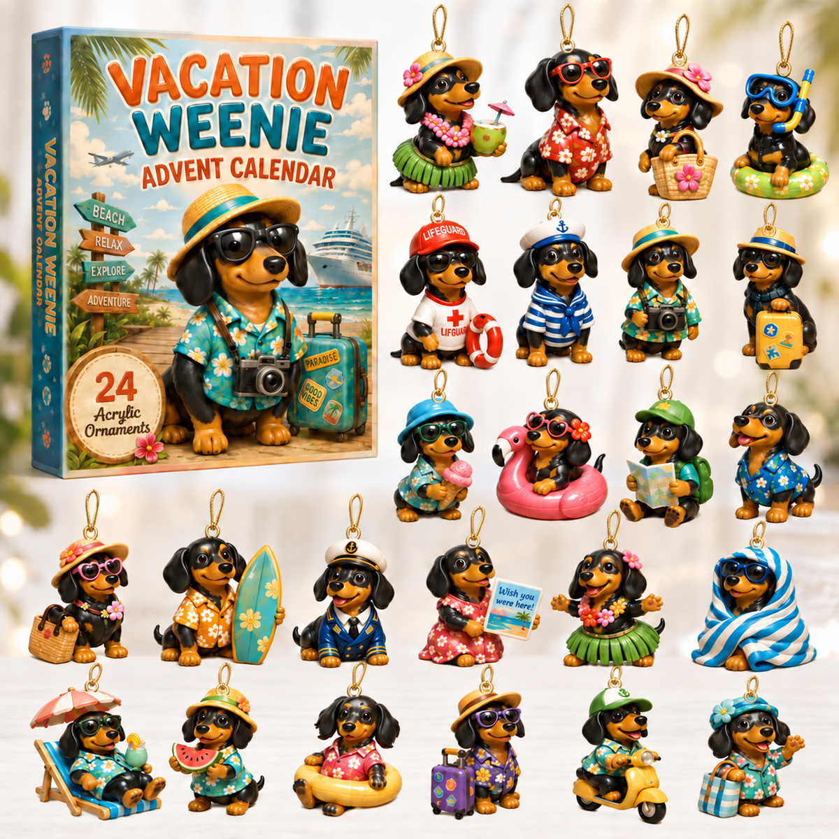 Vacation Weenie Advent Calendar 2026 - 24-Day Festive Countdown, Acrylic Charms Blind Box - Gift For Dachshund Lovers