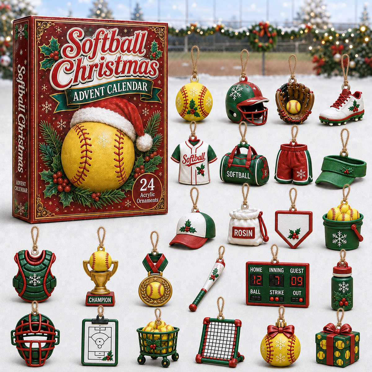 Softball Christmas Advent Calendar 2026 - 24-Day Festive Countdown, Acrylic Charms Blind Box - Gift For Softball Lovers
