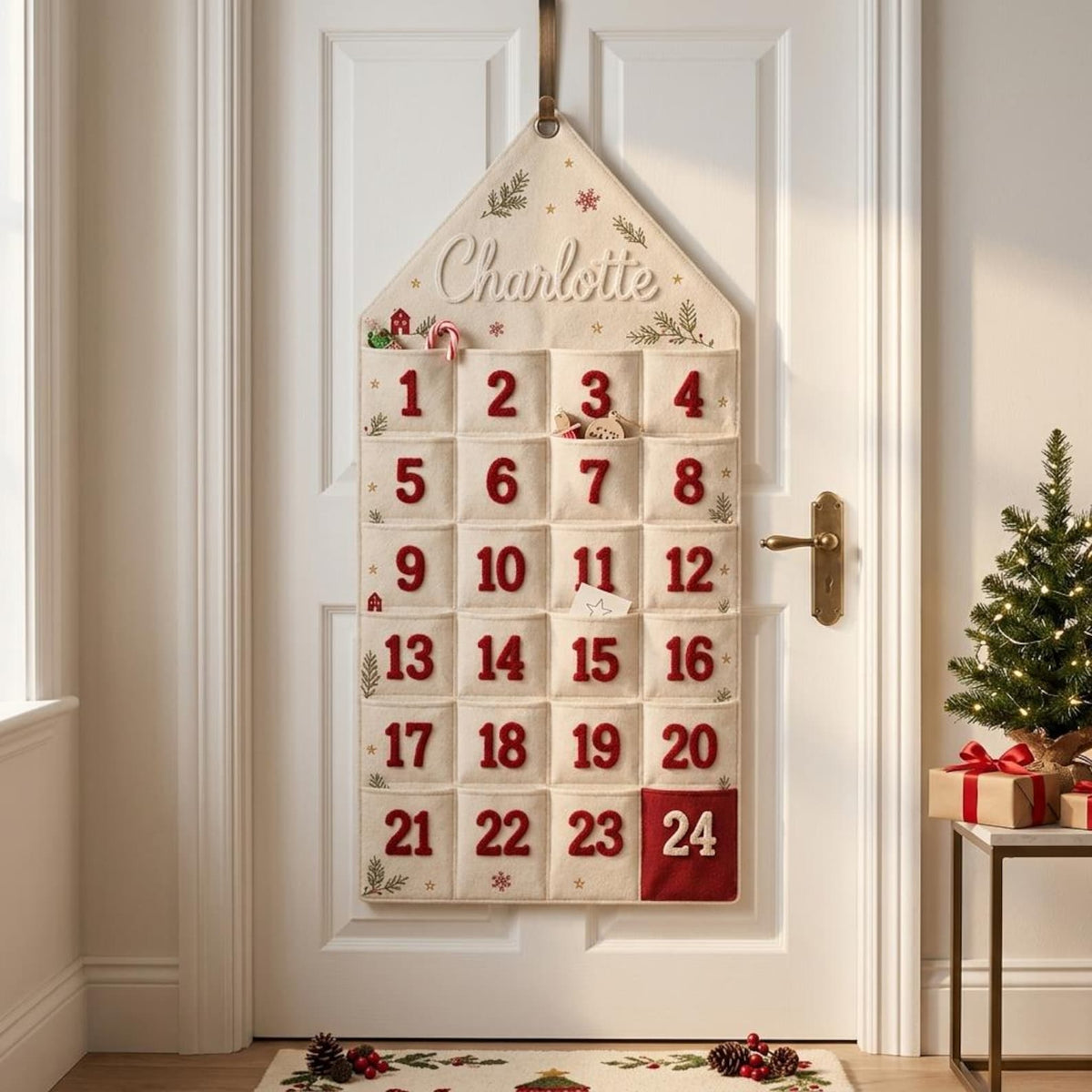 Personalized Advent Calendar for Kids - Custom Chenille Name Christmas Countdown Wall Hanging - Reusable Fabric Pocket Advent Calendar Gift