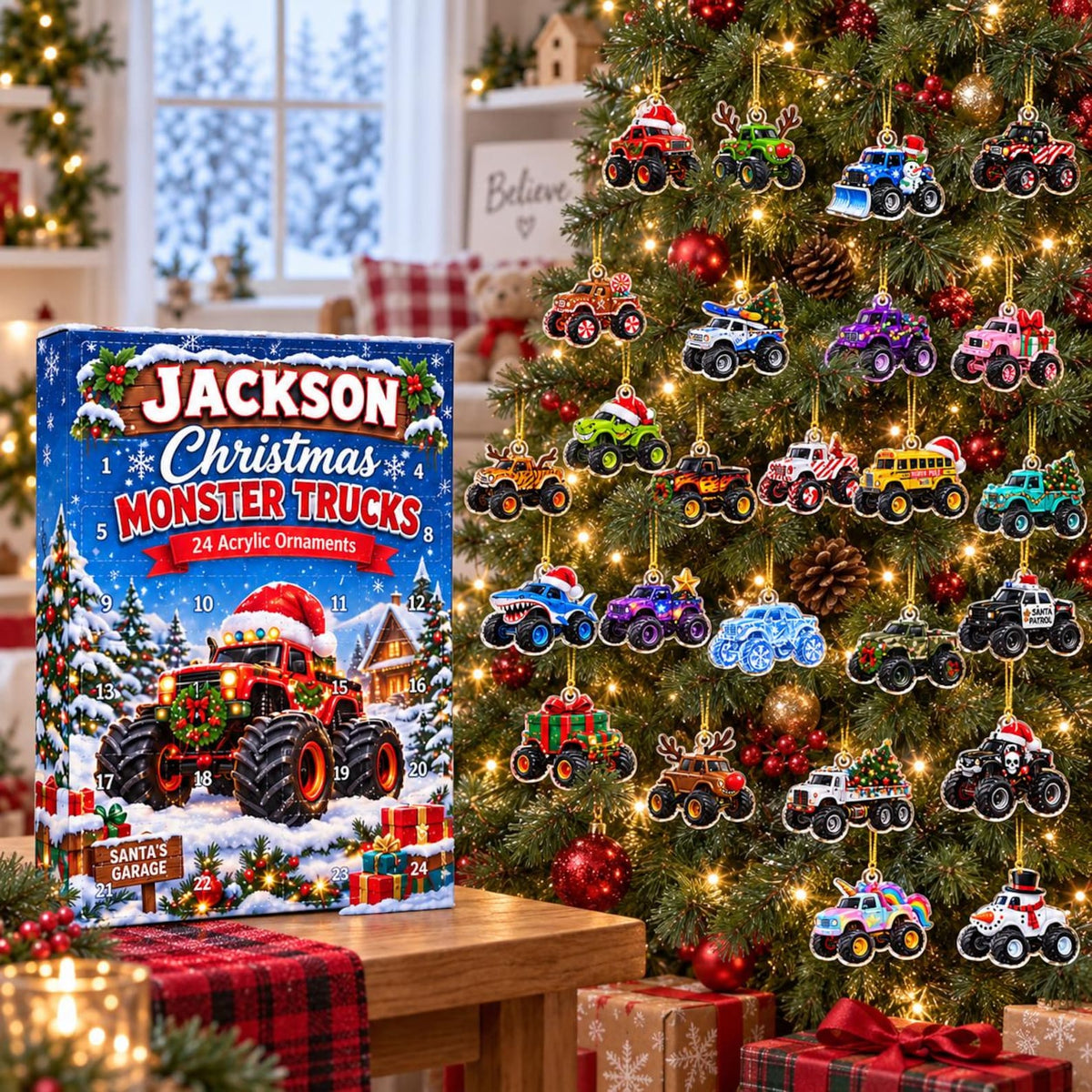 Personalized Monster Truck 2D Advent Calendar 2026, Custom Name Christmas Countdown, Kids Christmas Gift for Boys, Sons, Grandsons & Truck Fans
