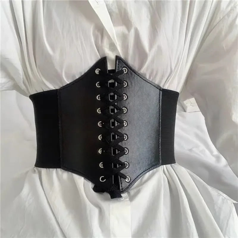 Black Leather Lace Up Elastic Corset Belt