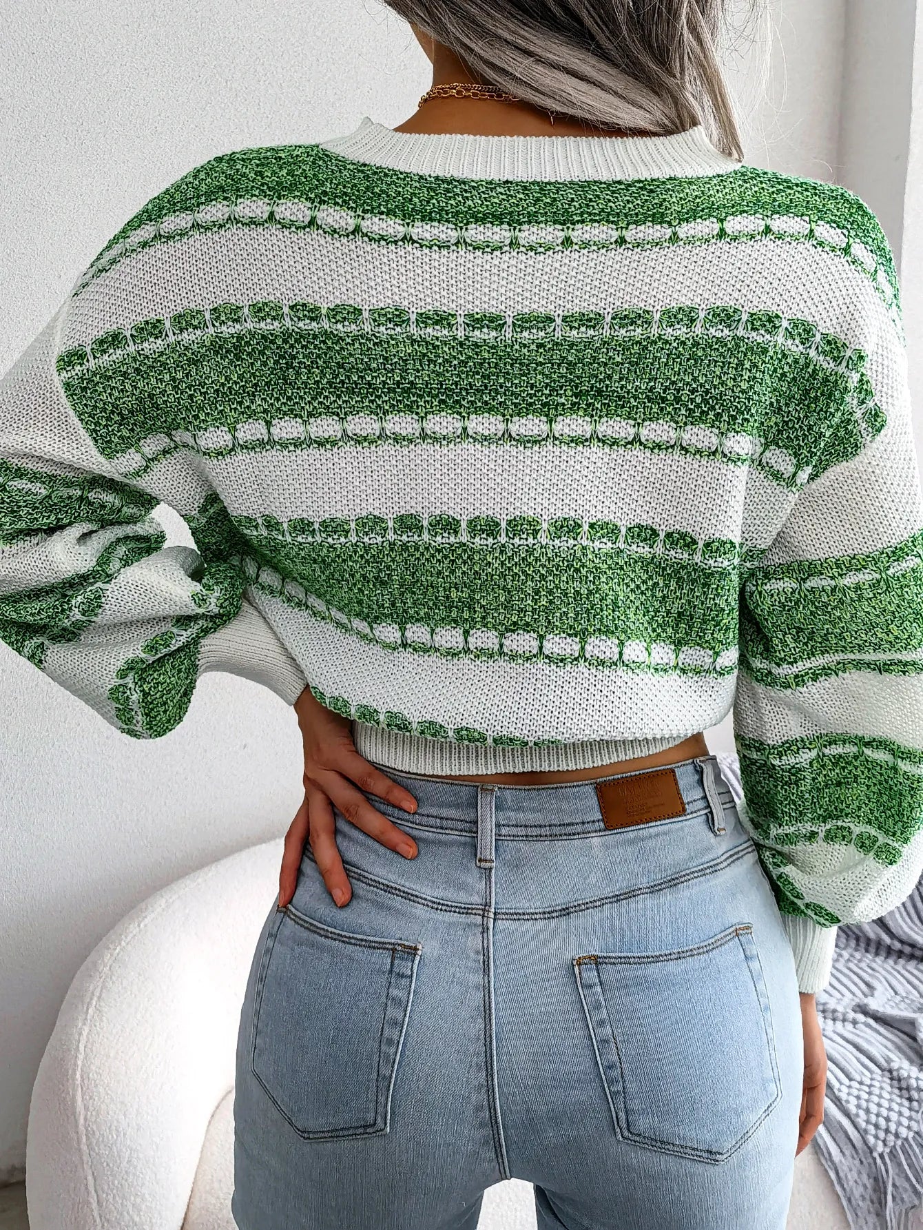 Fashion Color Block Long Sleeve Cropped Knit Sweater