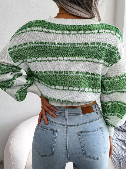 Fashion Color Block Long Sleeve Cropped Knit Sweater