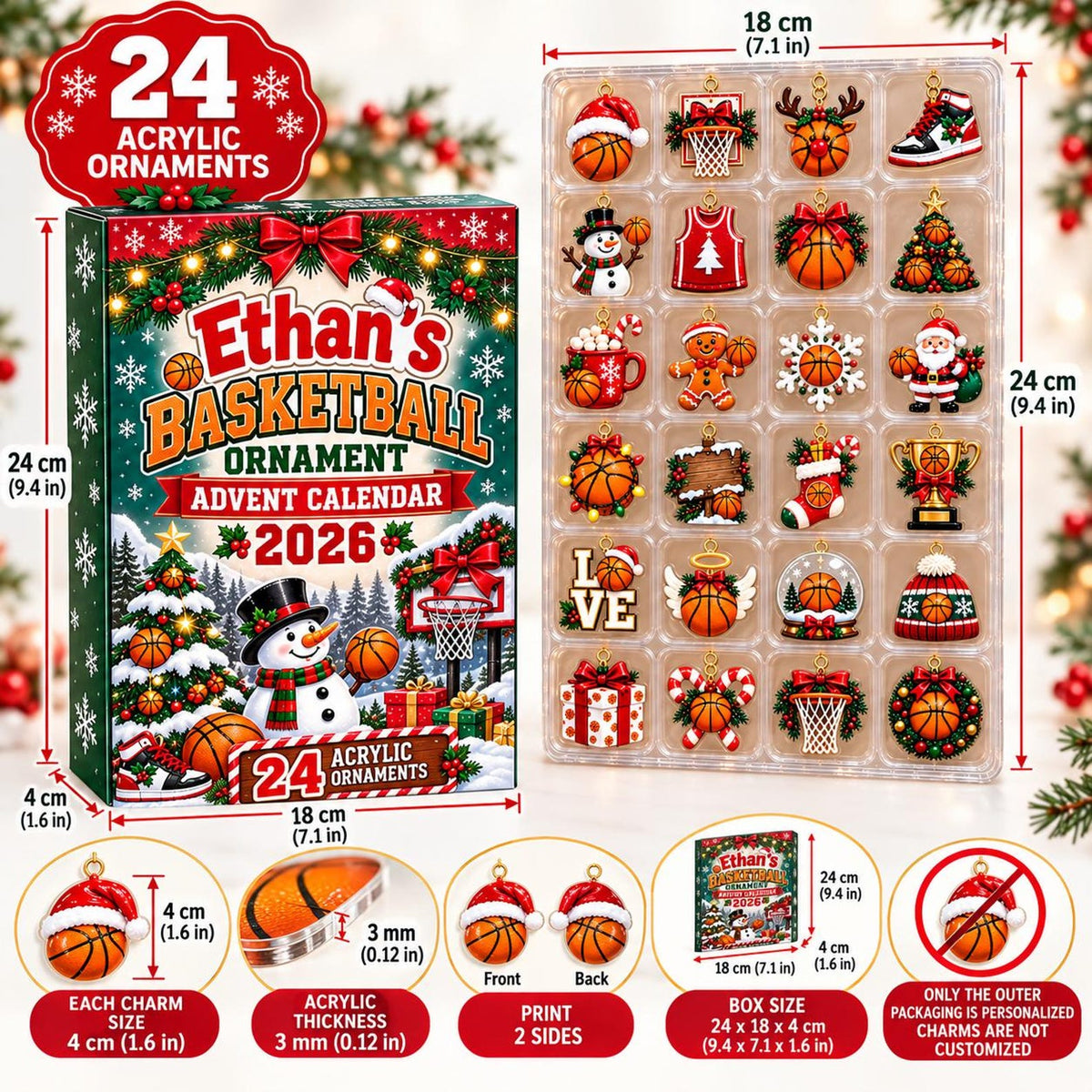 Basketball Advent Calendar 2026, Christmas Countdown Box, 24 Basketball Charms, Personalized Sports Holiday Keepsake, Basketball Player Gift John