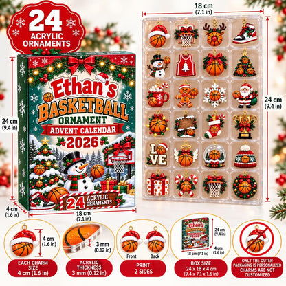 Basketball Advent Calendar 2026, Christmas Countdown Box, 24 Basketball Charms, Personalized Sports Holiday Keepsake, Basketball Player Gift John