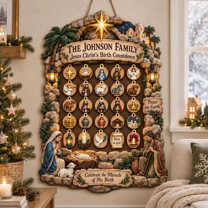 Personalized Nativity Advent Calendar: Custom Wood Christmas Countdown Sign with Hanging Ornaments