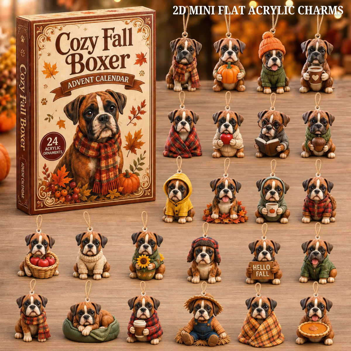 Cozy Fall Boxer Advent Calendar 2026 - 24-Day Festive Countdown, Acrylic Charms Blind Box - Gift For Boxer Lovers
