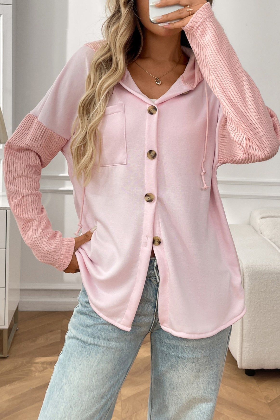 Ribbed Sleeve Patchwork Button Hoodie