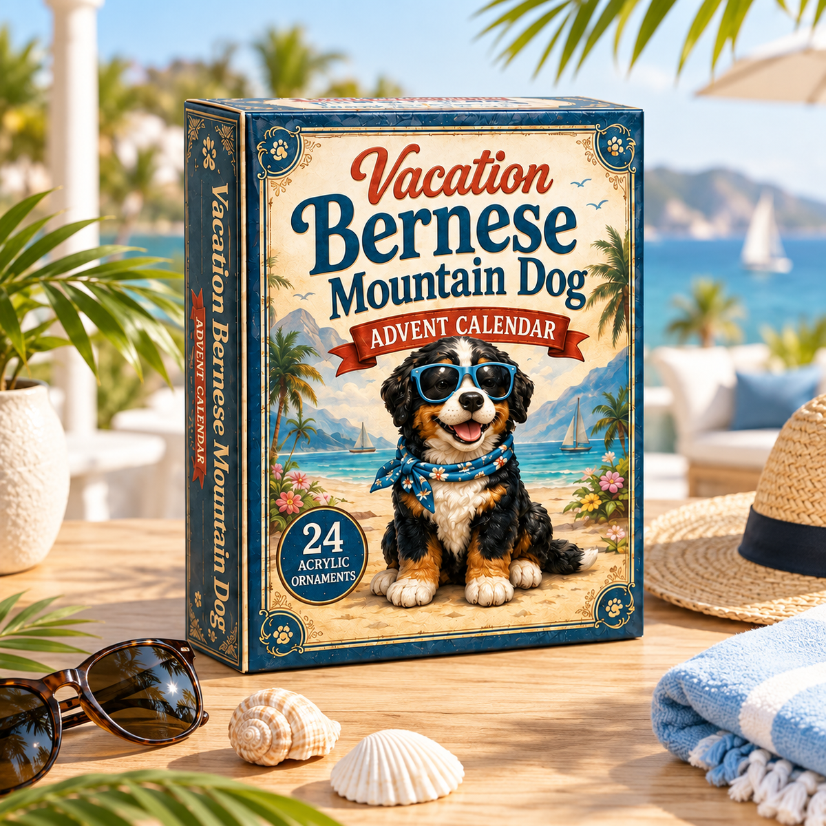 Vacation Bernese Mountain Dog Advent Calendar 2026 - 24-Day Festive Countdown, Acrylic Charms Blind Box - Gift For Bernese Mountain Dog Lovers