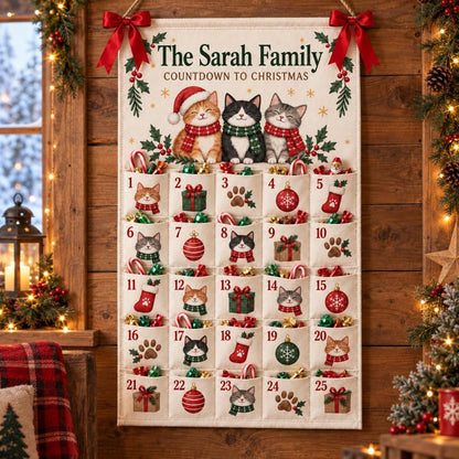 Personalized Cat Advent Calendar, Canvas Christmas Countdown with 25 Pockets, Custom Family Name Wall Hanging, Reusable Christmas Home Decor
