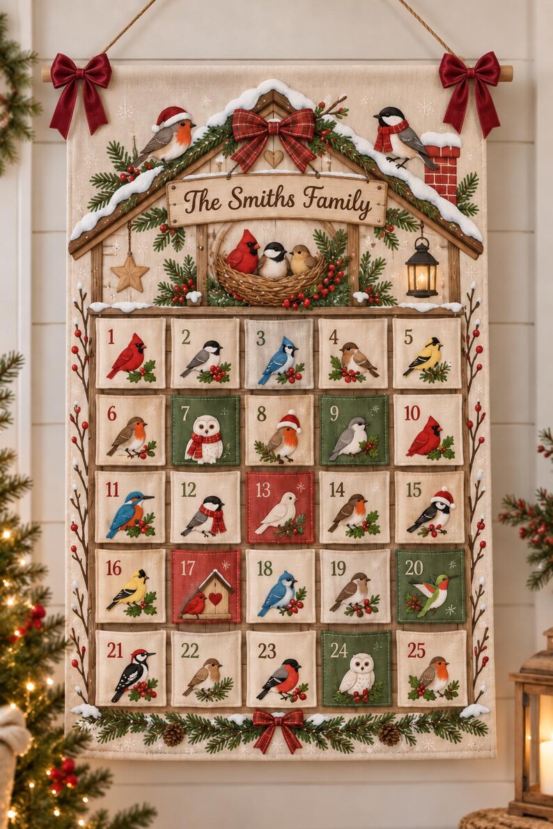 Personalized Bird Christmas Fabric Advent Calendar, 25 Day Pocket Countdown, Custom Family Name Quilted Wall Hanging, Bird Lover Xmas Decor
