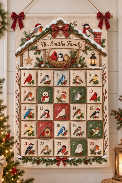 Personalized Bird Christmas Fabric Advent Calendar, 25 Day Pocket Countdown, Custom Family Name Quilted Wall Hanging, Bird Lover Xmas Decor